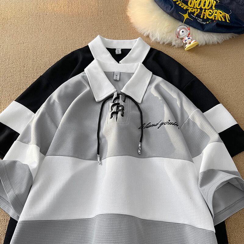 [CHAOMEICHEN Series] ★POLO Shirt★ 2color Tops Unisex Men's Horizontal Striped Striped Pattern Black Gray