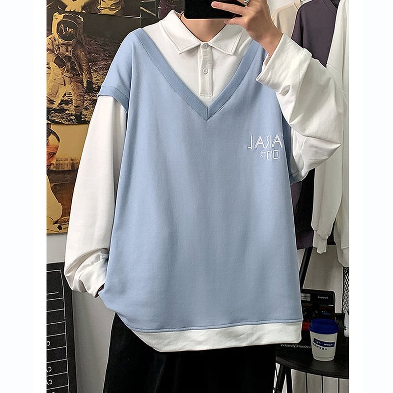 [PPG Series]★POLO Shirt★ 4color POLO Neck Tops Unisex Men's Long Sleeve Color Scheme Black Blue White Purple