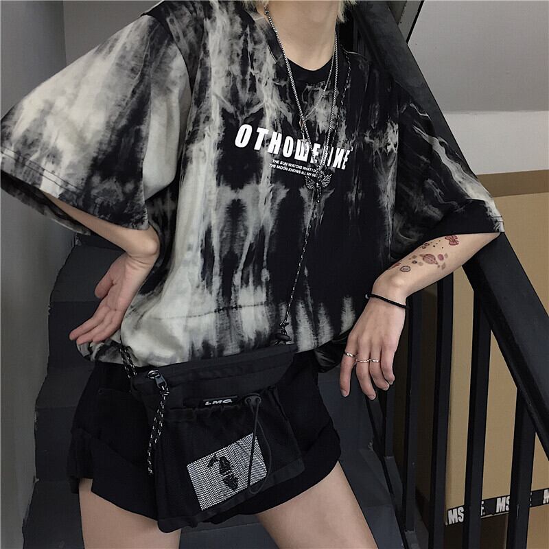 [Demon King Series]★T-shirt★ Tops Printed Ins Style Retro Loose Alphabet Short Sleeve Black Black