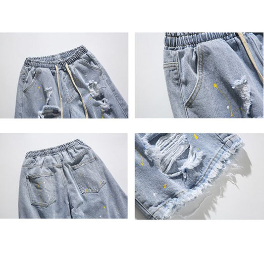 [Fujiiman Series] ★Shorts★ Denim pants 2color Casual Star Unisex Men's Distressed Black Blue