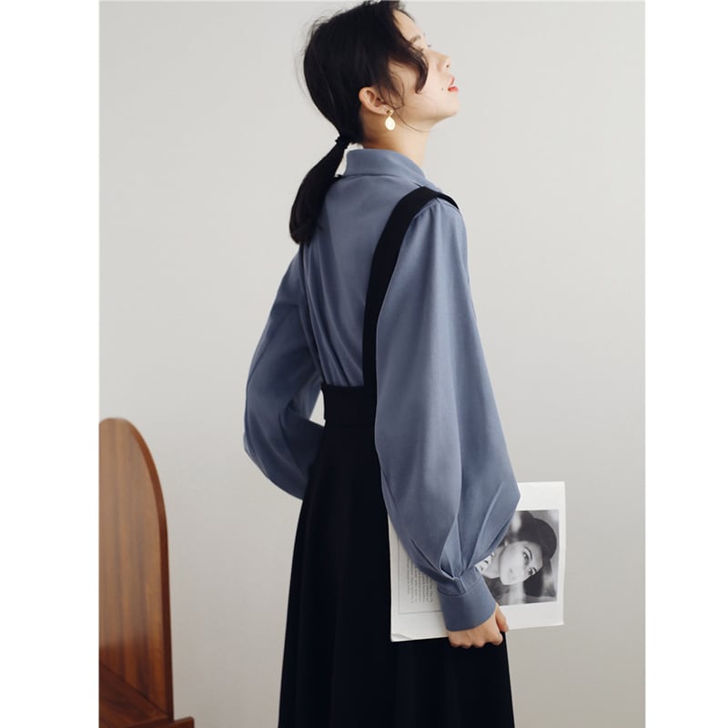 [Ki no Kimono Series]★Setup★ 2 pieces Shirt + Hanging skirt Blue Black Slimming Lantern sleeve S M L XL