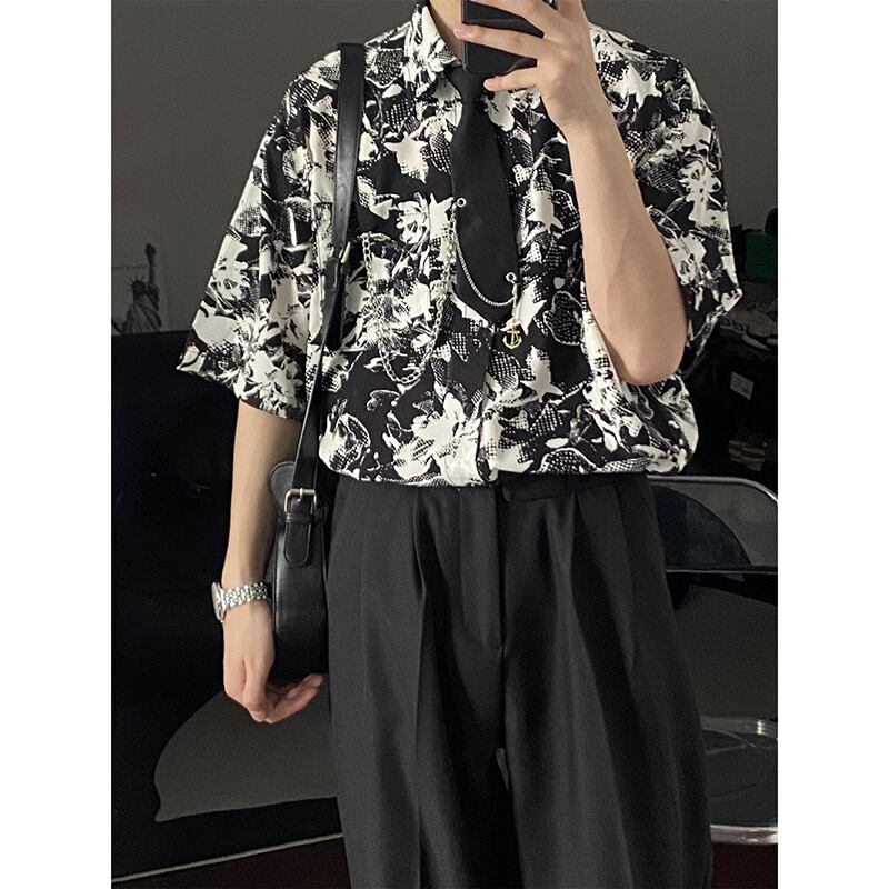 [MDYCD Series]★Shirt with Tie★ 2color Floral Print Shirt Tops Short Sleeve Shirt Unisex Men's Black White