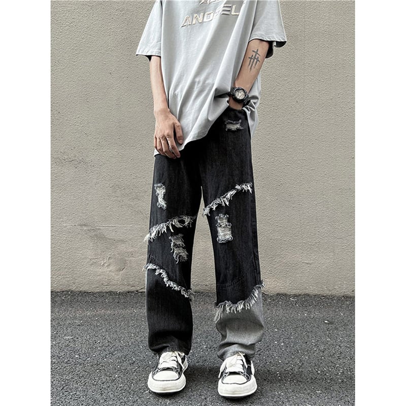 [MEINAN Series] ★Denim Pants★ Bottoms Pants Unisex Men's Fringe Stylish Black Black