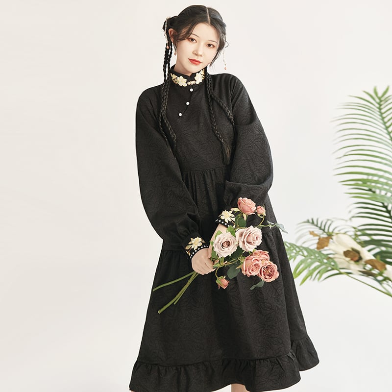 [Three---Kinsui Series]★China style dress★2color embroidery long sleeve dress everyday wear cute black white