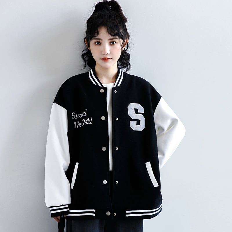 [ZISU0 series] ★Outer★ Stadium jacket fashion ladies black black color scheme alphabet