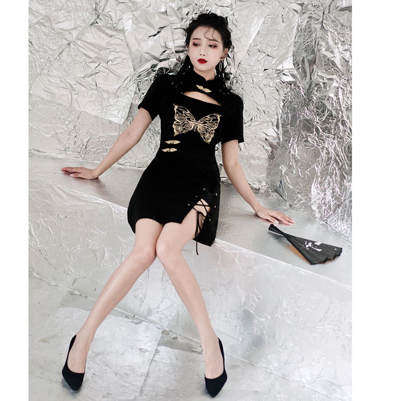 [Kyoto Series]★China-style dress★ Embroidery Improved Chinese dress Butterfly Black Black Slimming