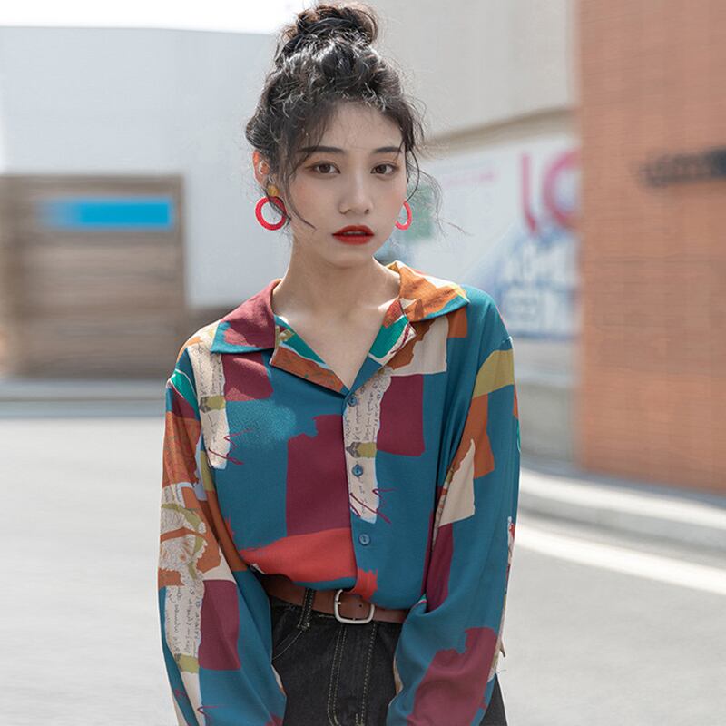 [YOUZI Series]★Retro Shirt★ Long Sleeve Shirt Tops Print Retro SML XL Thin Cute Color Scheme