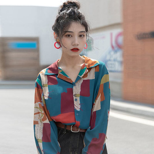 [YOUZI Series]★Retro Shirt★ Long Sleeve Shirt Tops Print Retro SML XL Thin Cute Color Scheme