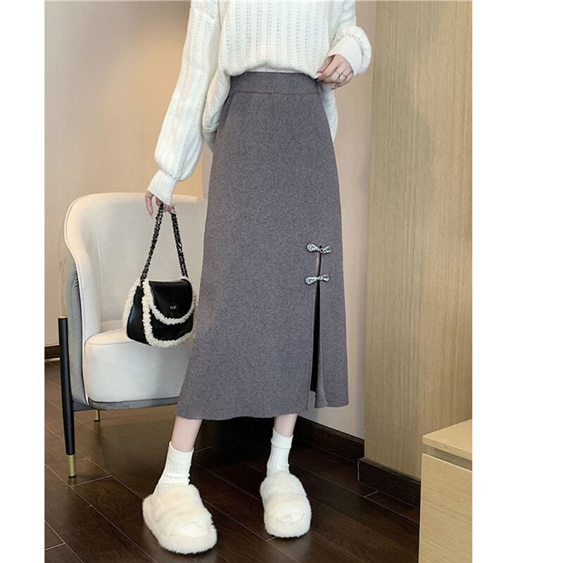 [Italy series]★China style skirt★ 4color knit skirt bottoms slit slimming beige black gray light brown