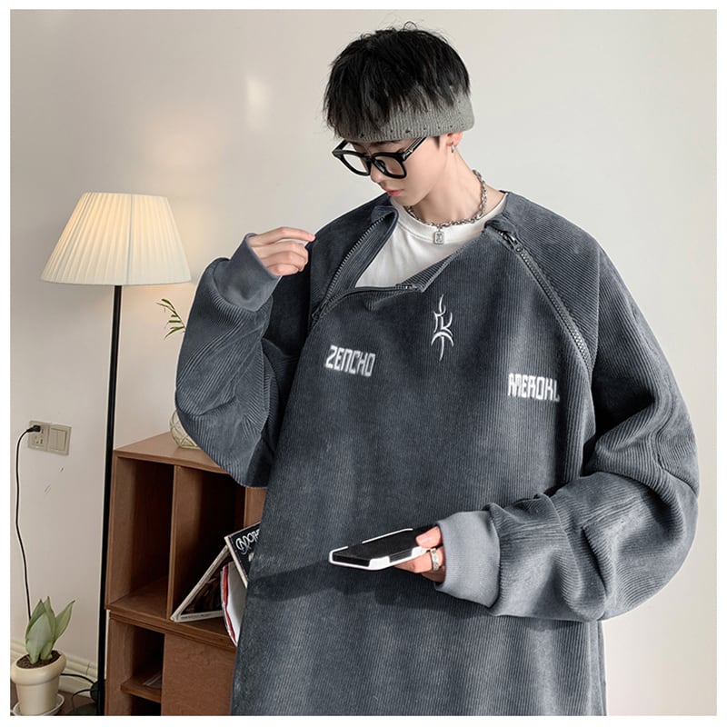 [Leonbinno Series] ★Tops★ 2color Embroidery Corduroy Unisex Men's Gray Black Round Neck