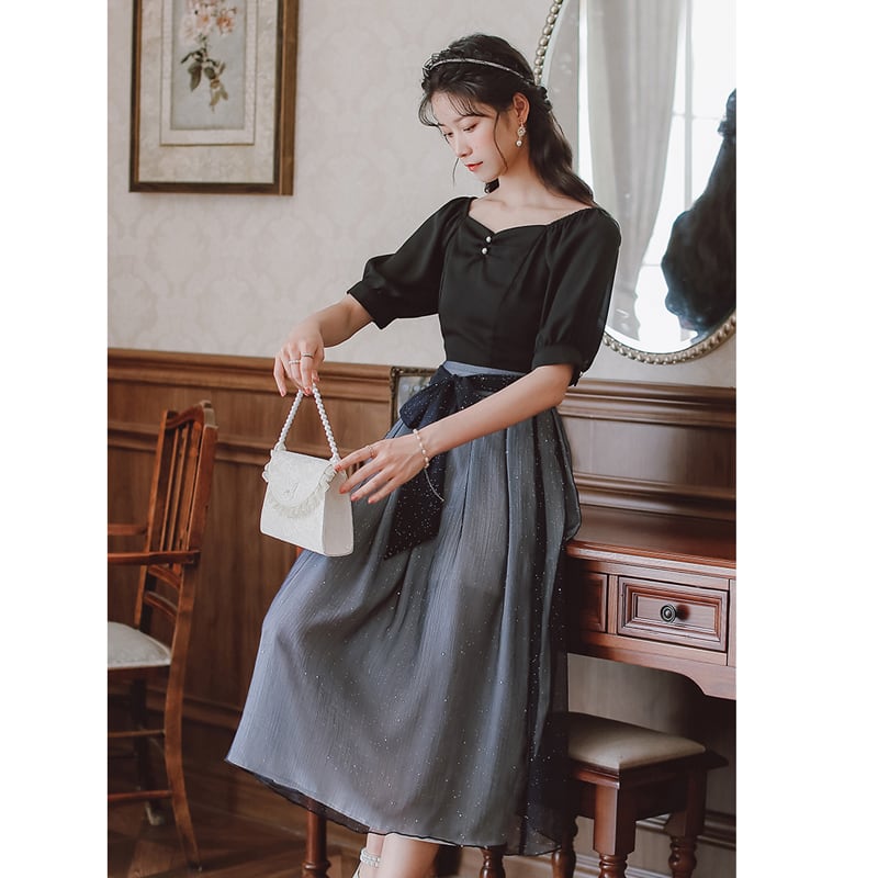 [Shokensho Series] ★Long length dress★ Switching date OL office temperament improvement elegant S M L XL