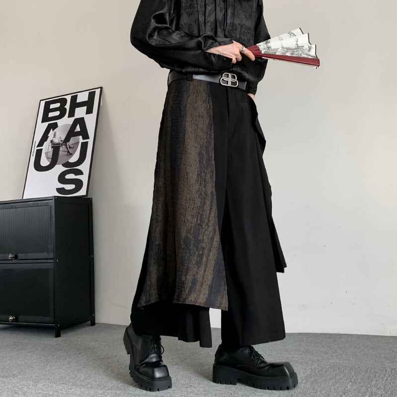 [Illustrated series]★China style trousers★ Gaucho pants, irregular, unisex, men's, nine-quarter length, black, black switching