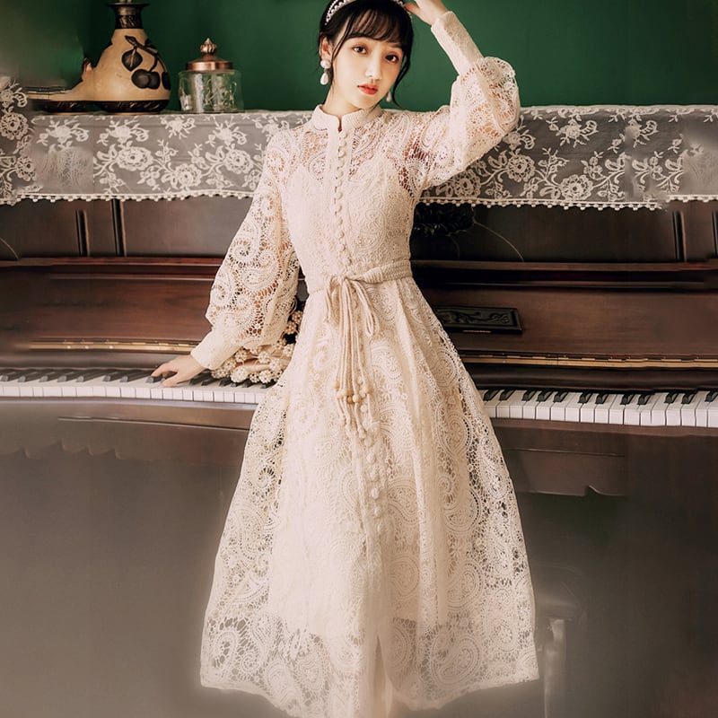 [Kasa no Castle Series] ★China style dress★ 3color black or beige or purple lace dress for dates, weddings, commuting, improving temperament