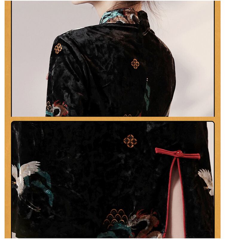 [YUEQIAO Series]★Cheongsam dress★Short length crane velvet Chinese style dress slimming