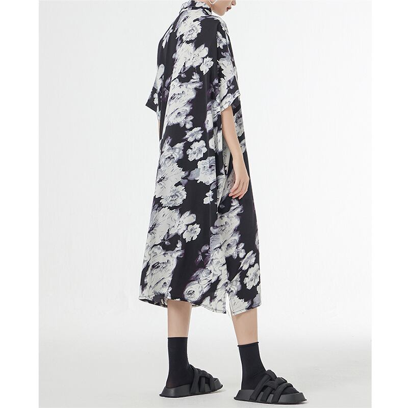 [YIDAO Series]★Shirt dress★ 2color long shirt print retro floral pattern loose casual summer clothes