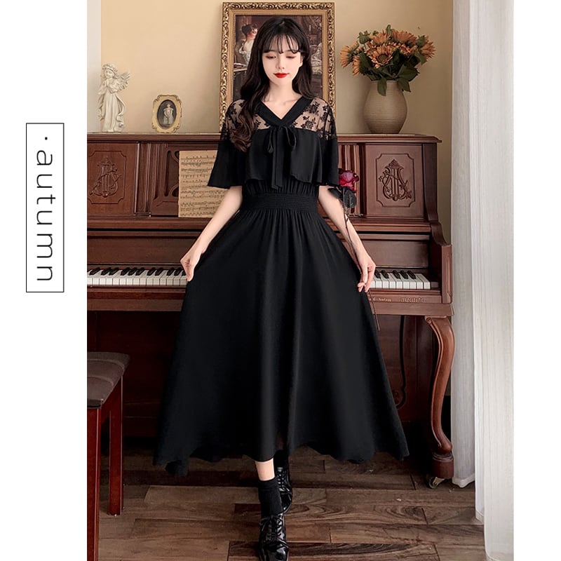 [Dong Xiaojie Series] ★Dress★ Large size lace chiffon switching black black V neck short sleeve summer