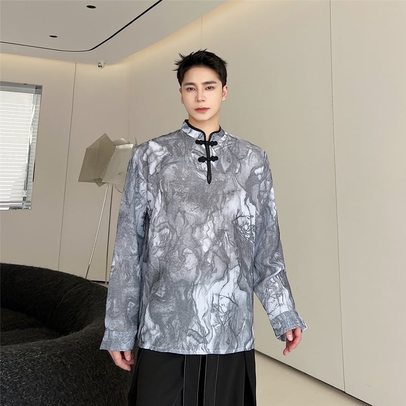 [Illustrated Series]★China Style Shirt★ Tops Unisex Men's Ink Pattern Print Retro China Button Spring Clothes