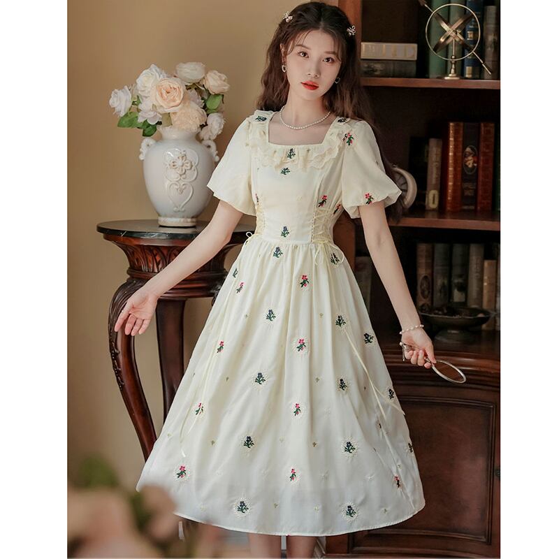 [Jinkyoku Series] ★One Piece★ Embroidered Dress, Short Sleeve, Cute, Ladies, Date, Designed, Improves Temperament, Stylish