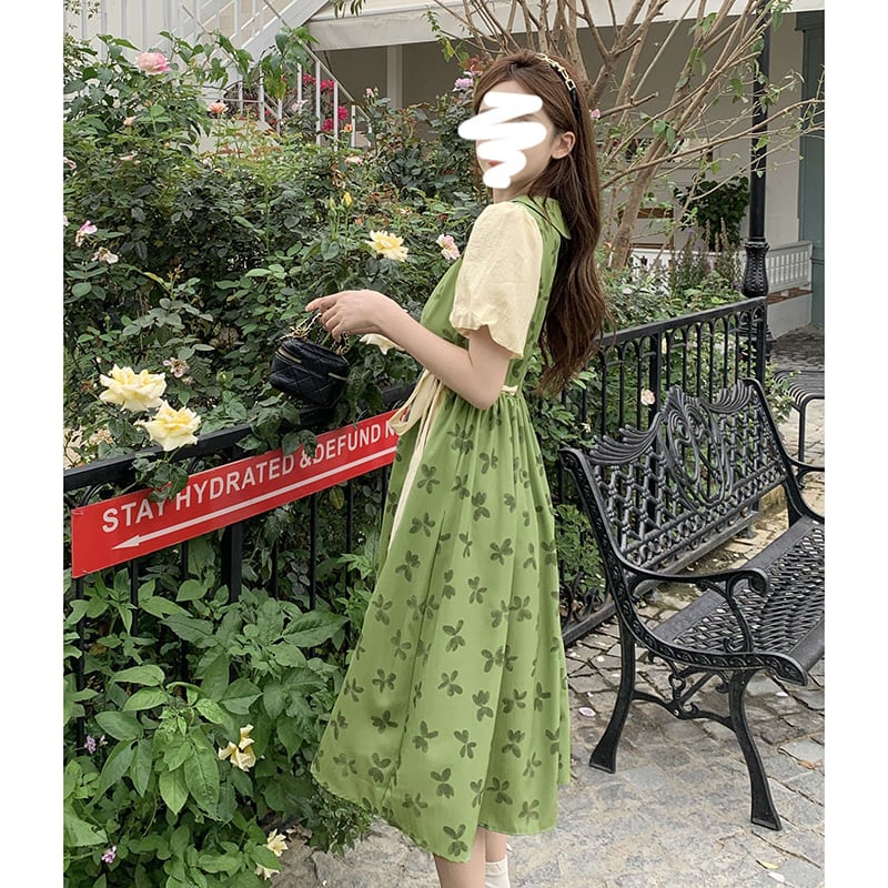 [Dong Xiaojie Series]★China style dress★Floral pattern dress Switchable Cute Large size Green Green