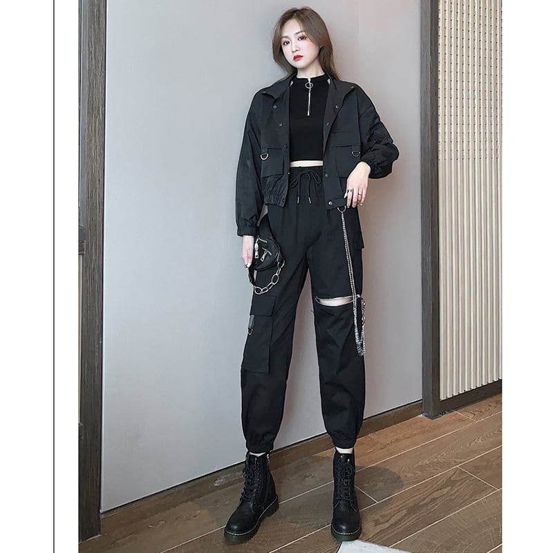 [DUOMIAOTU series]★Setup Single item order★ Outerwear or pants with chain Casual Black Black