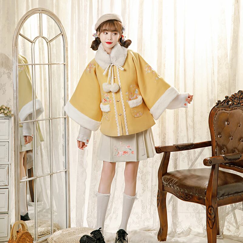 [Drunken Rain Series] ★China style outerwear★ Coat 3color fur embroidery cat flower cute warm thick dark red yellow green