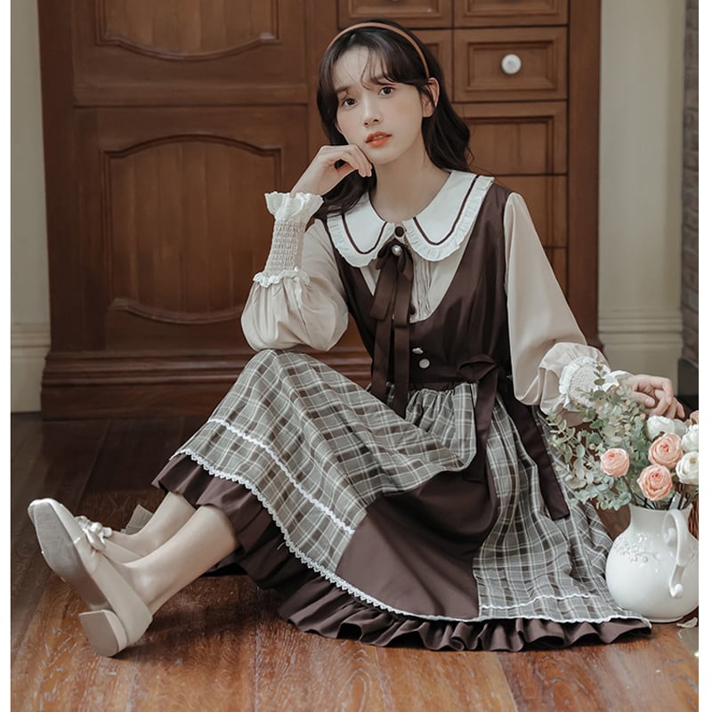 [DACHENGZI Series] ★Dress★ Fake Layered Dress Checkered Pattern Cute Retro S M L XL