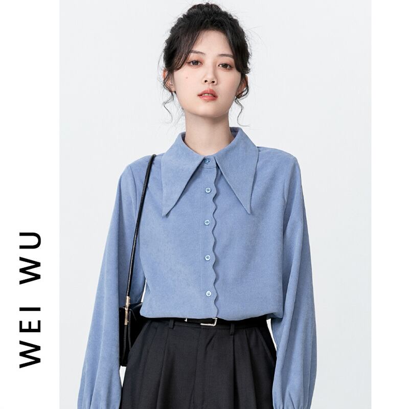 [WEIWU Series]★Shirt★ Tops Ladies Simple Commuting Easy to Match Blue Blue Standard Cute