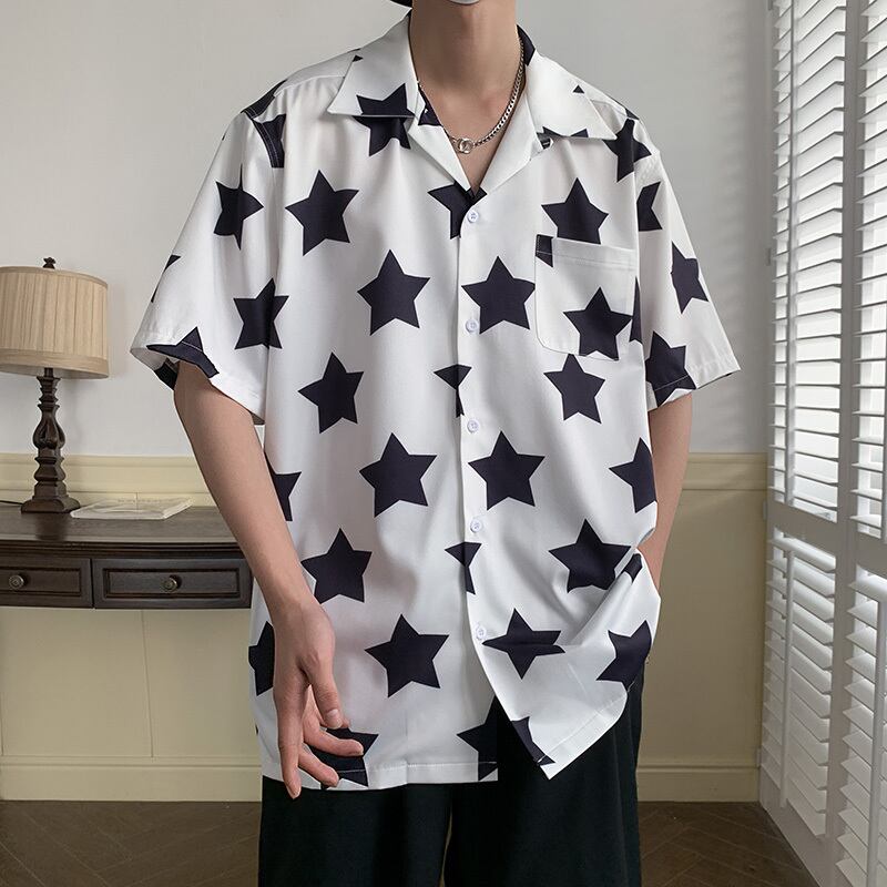 [Illustrated Series]★Shirt★ 2color Tops Star Print Fashion Unisex Men's Summer Clothes Cute Short Sleeve