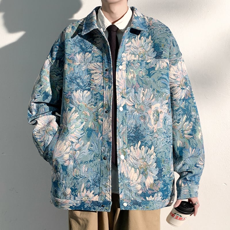 [KADISHOU Series] ★Jacket★ Outerwear 2color Oil Painting Style Floral Pattern Unisex Men's Large Size Blue Green