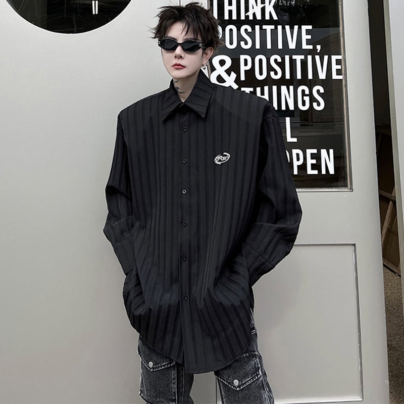 [Illustrated Series]★Shirt★ Tops 2color Unisex Men's Vertical Stripes Loose Black White Fashion Spring Clothes