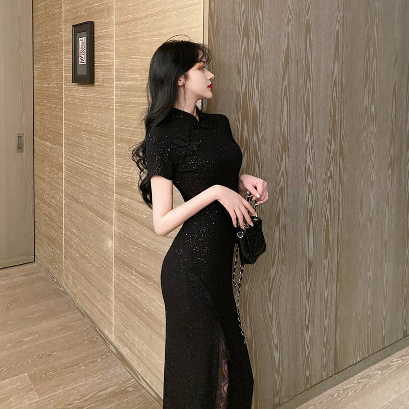 Long Chinese Dress, One Piece, Chinese Clothing, Short Sleeve, SML, Sexy, Slimming, Slit, Black