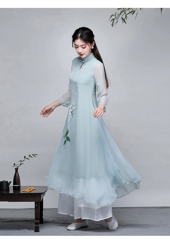 Ao dai 2-piece set, Chinese style dress, Ao dai dress, Chinese style clothes, Chinese clothes, improved Tang clothes, improved Han clothes, stand neck, 3/4 sleeves, long length, gaucho pants, large size, ML XL, 2XL, everyday wear