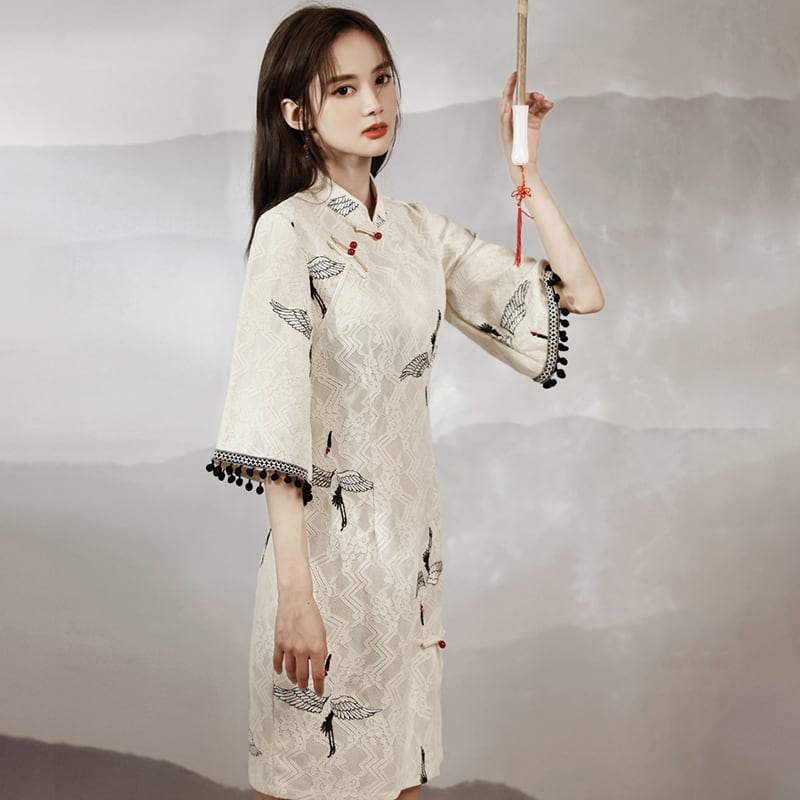 [YUEQIAO Series]★China Dress★ 2color Short Length Chinese Style Dress Crane Lace Chinese Clothes Black Black