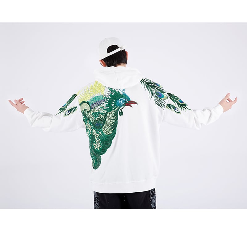 [Machiha clan series] ★Embroidery Chinese style hoodie★ 2color black or white peacock original cool