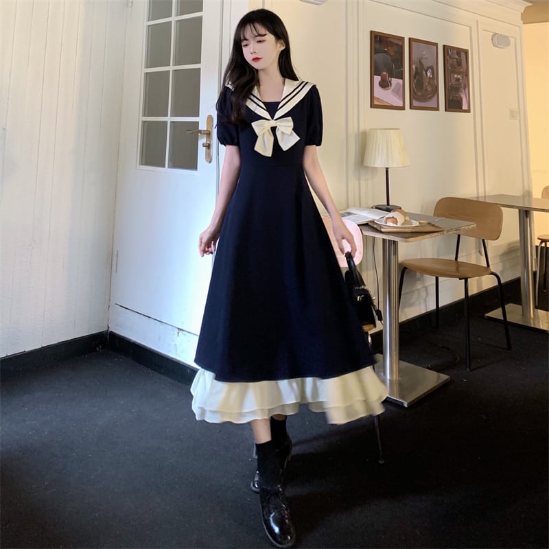 [Dong Xiaojie Series] ★Sailor color dress★ Cute color scheme date dark blue blue blue large size