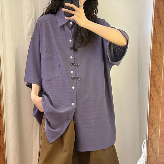 [UATONLINE Series]★China Style Shirt★ Thin Medium Chinese Clothes Tops Unisex Men's Short Sleeve Shirt Purple