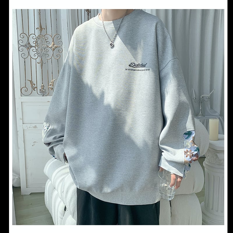 [Emperor series] ★Fleece-lined tops★ 2-color embroidery, cute sleeves, casual, floral pattern, unisex, men's, gray, black, gray, large size