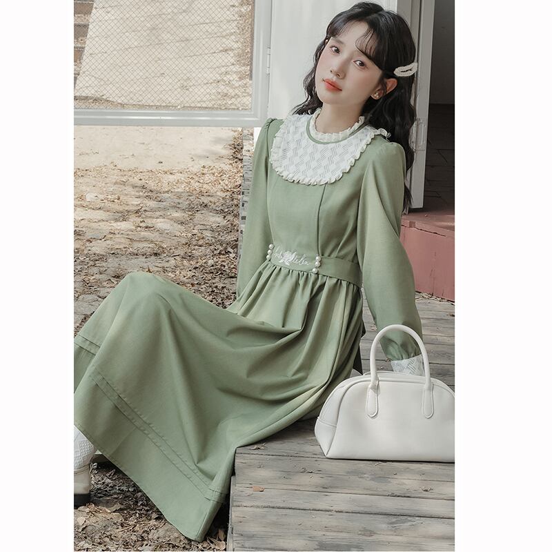 [Ali Series]★Chinese style dress★ Embroidery long sleeve dress Women's Switchable Easy to match Cute Green