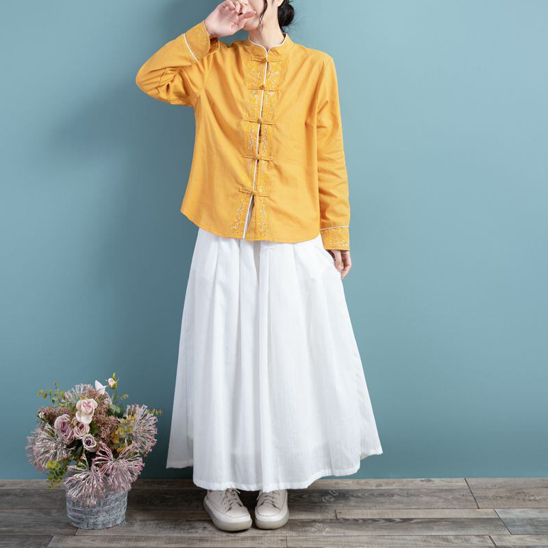 [Qing Series]★China style tops★ 3color embroidery long sleeve shirt simple easy to match Blue Yellow Purple