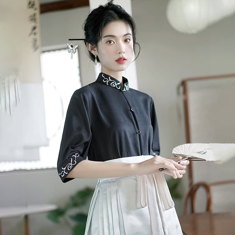 [WUJIA Series]★China Style Shirt★ Tops Short Sleeve Shirt Chinese Elements Summer Clothes Temperament Enhancement Black Black SML XL