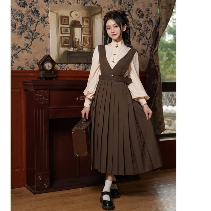 [Dusty clouds dream---Hikisoushi series] ★Sleeveless dress★ Easy to match pleated skirt coffee color retro SML