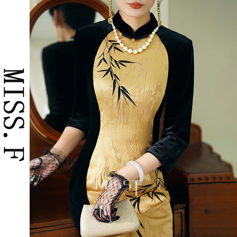 [MISS.F Series]★Cheongsam dress★ Switching velvet Temperament enhancement Color scheme Chinese style dress