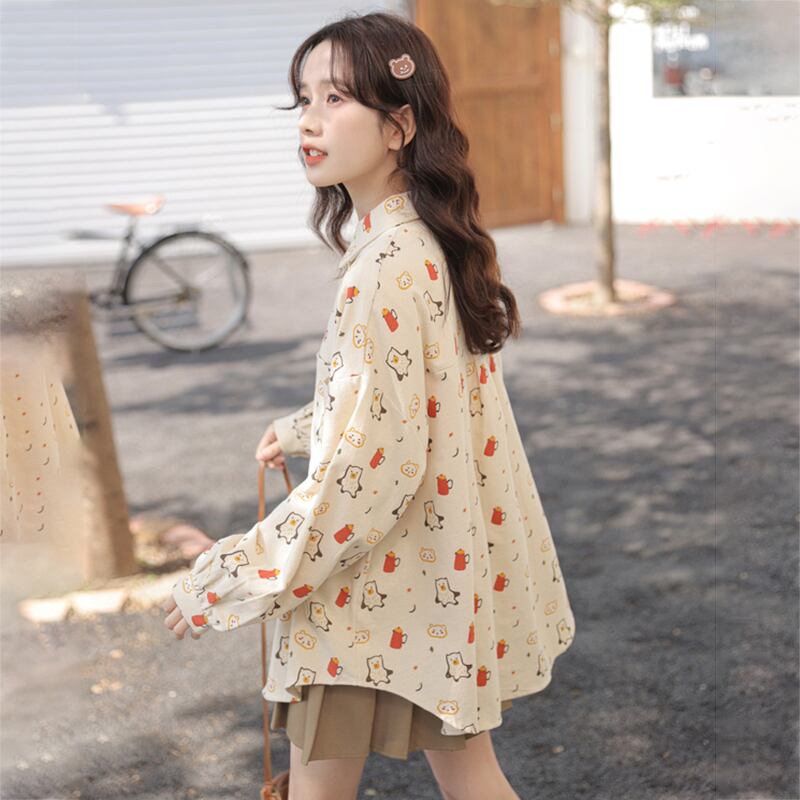 [Mago Series]★Shirt★ 3color Tops Penguin Long Sleeve Shirt Print Loose Cute SML