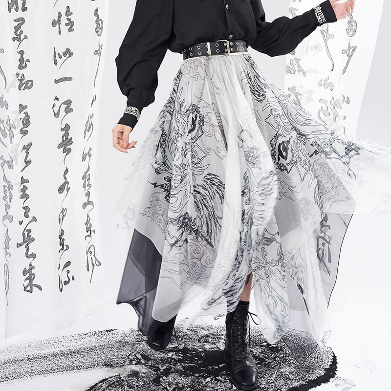 [Kyoto series]★China style skirt★ 2color bottoms chiffon irregular cute easy to match white black