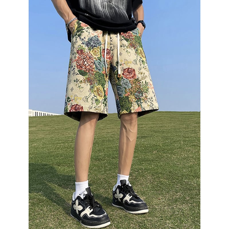 [CHAOMEICHEN Series] ★Shorts★ Floral pattern bottoms, short length pants, unisex, men's, large size, elastic waist