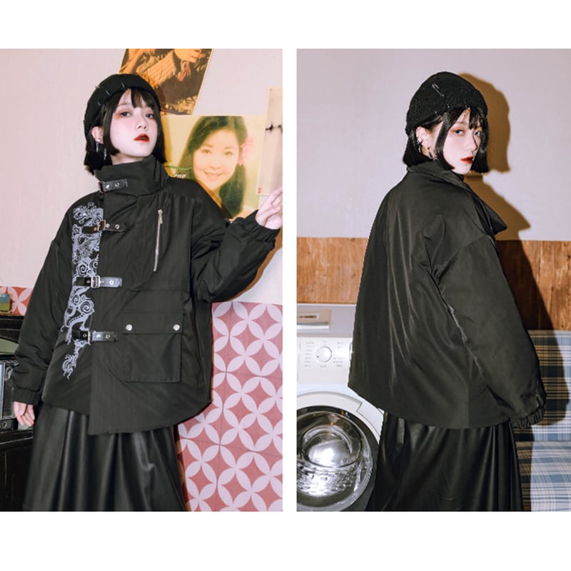 [Ancient monster house---Sankairyoryu series] ★China style coat★ Cotton coat Dragon Dragon crest winter coat Black Black