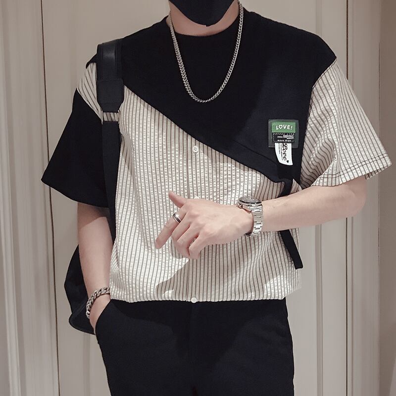 [GKML Series]★Shirt★ Tops Unisex Men's Short Sleeve Shirt Summer Clothes Vertical Stripes Striped Pattern Faux Layered