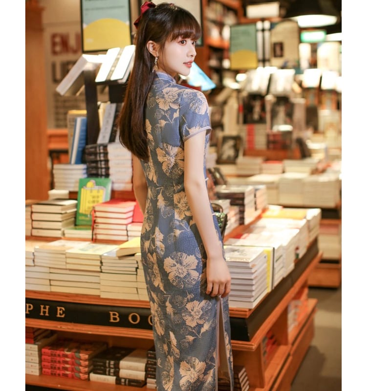 [YIJIA Series]★Cheongsam dress★ Long length one piece floral pattern blue party wedding large size