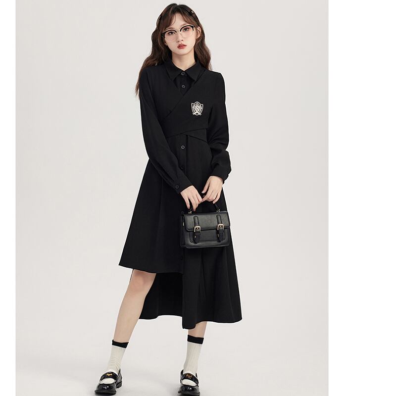 [Shojinsho Series] ★One Piece★ Irregular long sleeve dress Designed Cute Stylish Black Black