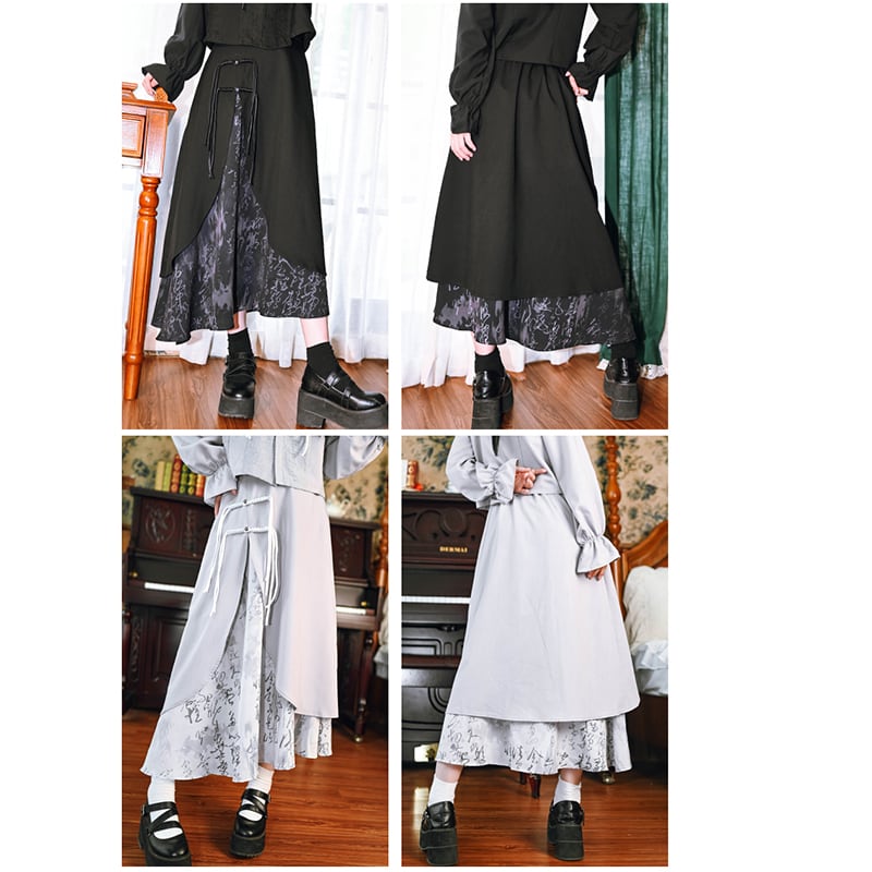 [Kokaisha --- Preface Series] ★China style skirt★ 2color bottoms switching letter pattern slimming black gray